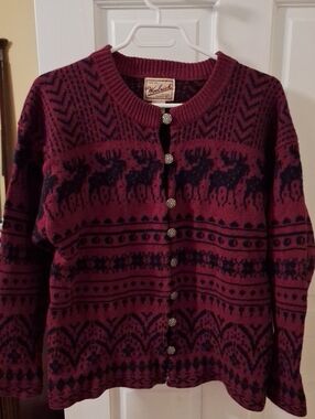 Woolrich Burgundy and Black Moose Fair Isle Cardigan - 100% Shetland Wool